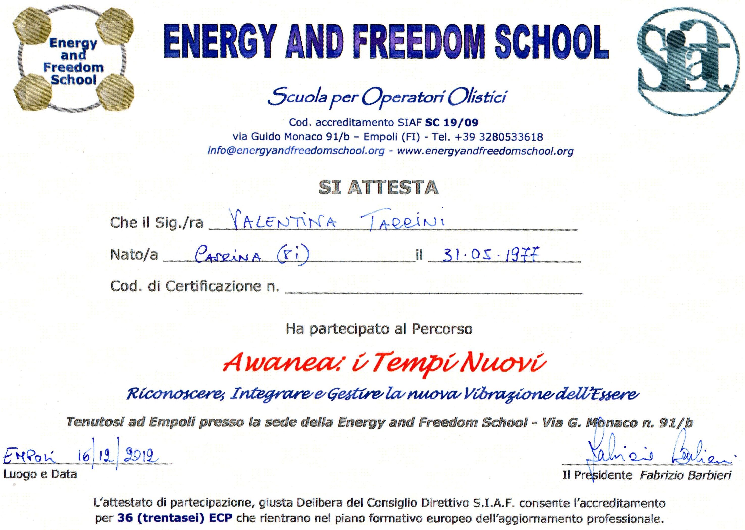 Primo certificato Operatore Olistico - Awanea Primo certificato Operatore Olistico - Awanea