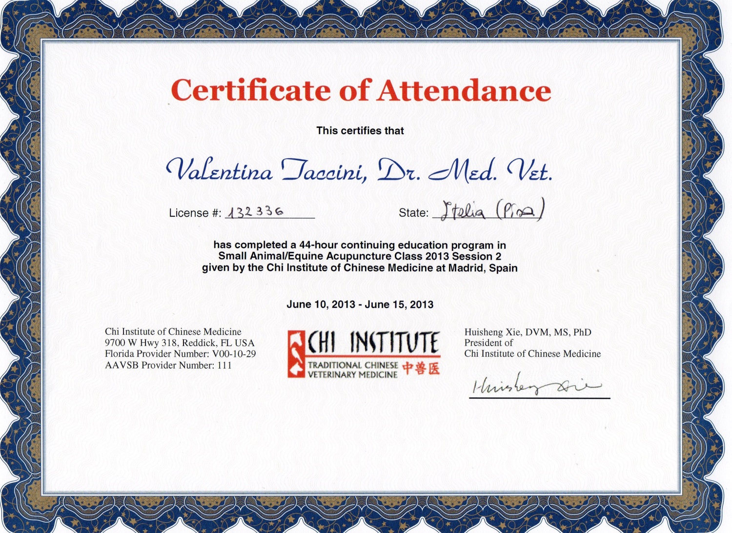 Certificato Agopuntura Veterinaria - Valentina Taccini Agopuntura Veterinaria cane, gatto, cavallo