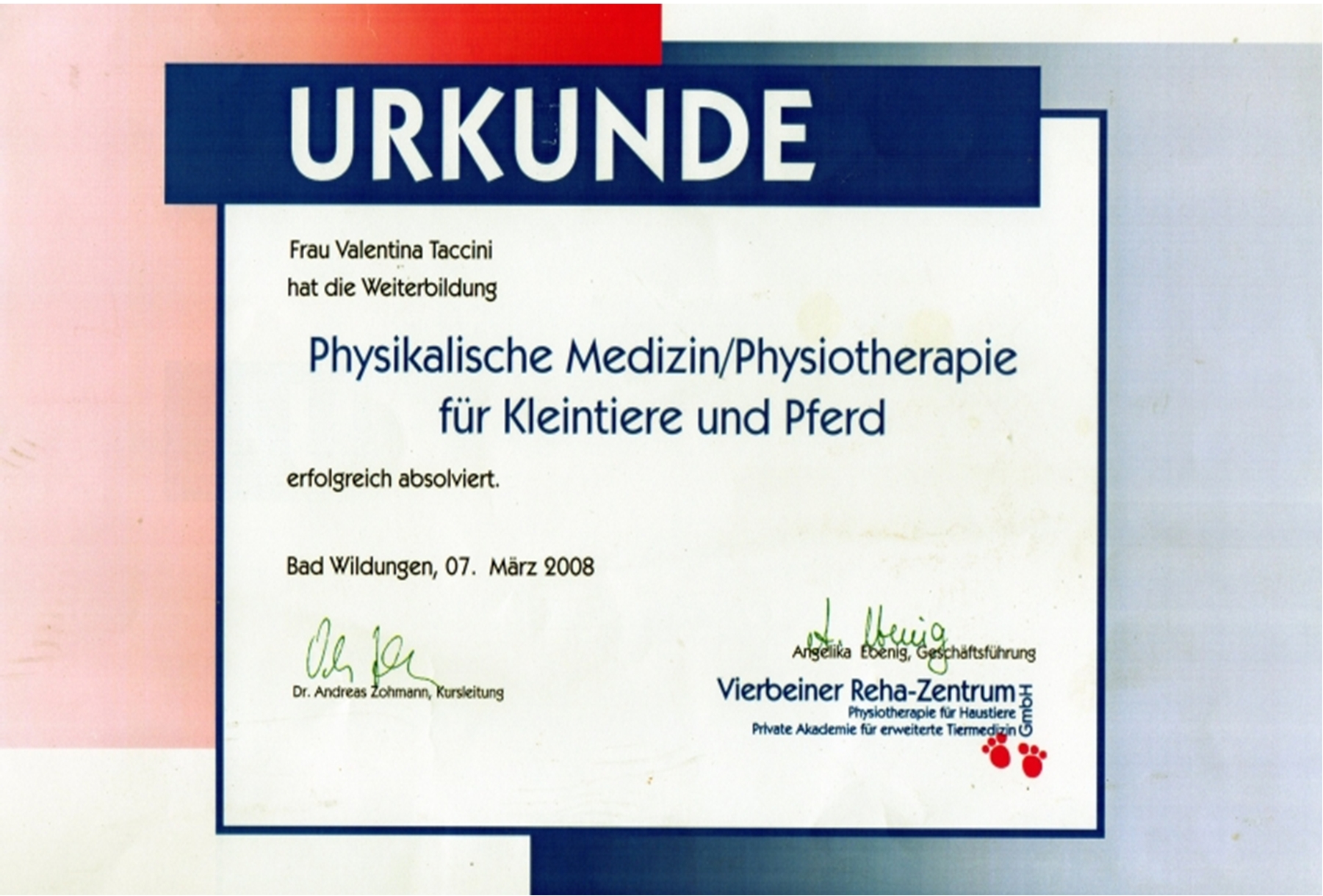 Certificato fisioterapia veterinaria