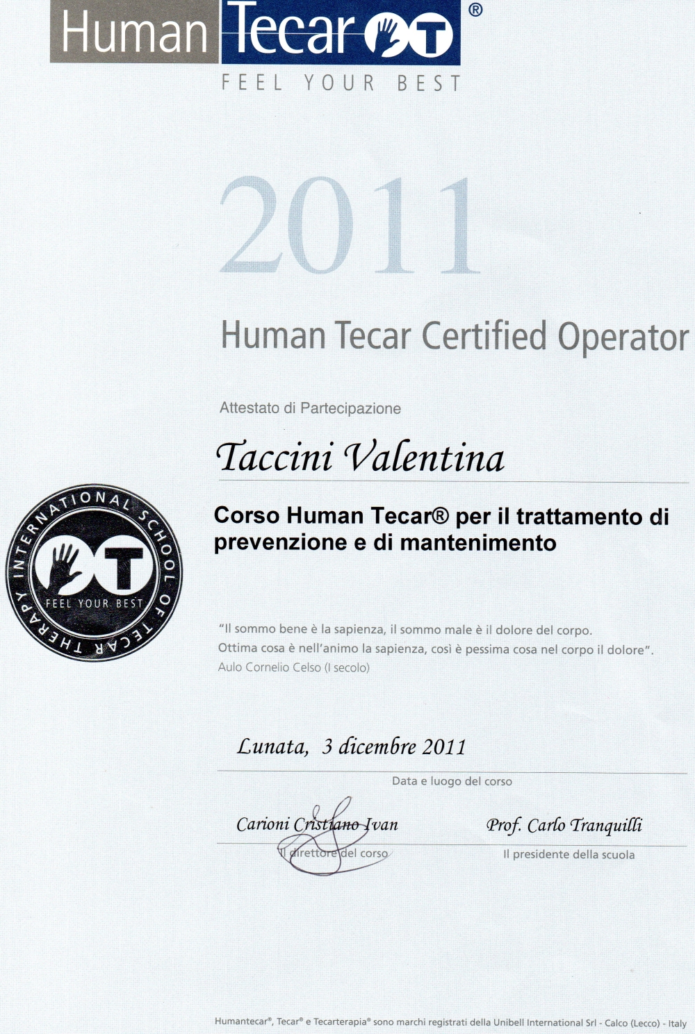 Certificato Human Tecar Trattamento Preventivo e di Mantenimento