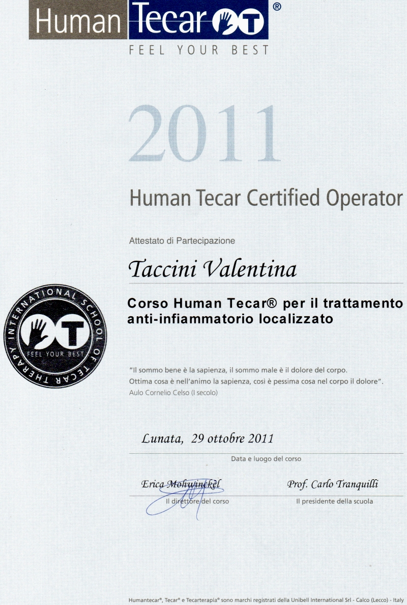 Certificato Human Tecar Trattamento Antinfiammatorio